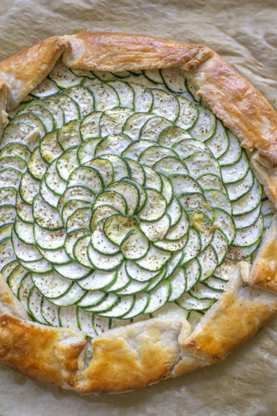 High angle view of zucchini and ricotta galette