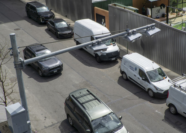 High angle view of congestion pricing scanners and urban street scene, Hudson Yards, New York City,
