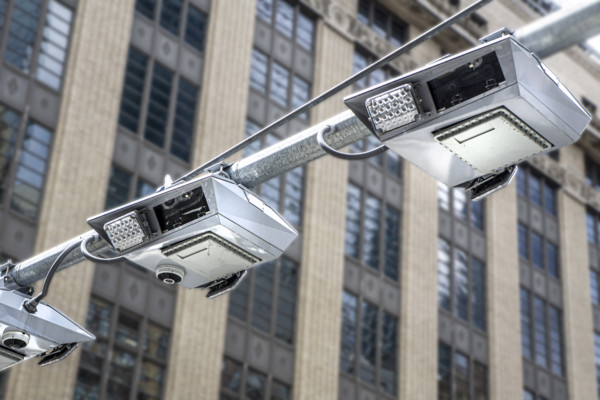 Low angle view of congestion pricing scanners, Hudson Yards, New York City, New York, USA