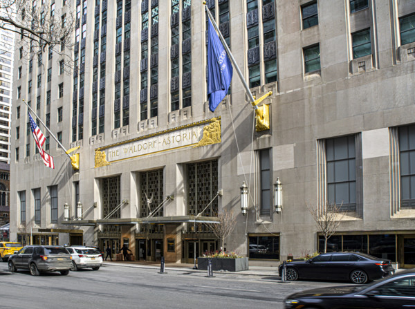 The Waldorf Astoria, luxury hotel and condominium residence, building exterior and street scene,