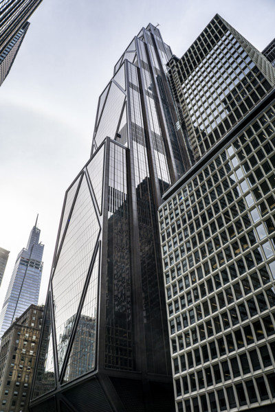 JPMorgan Chase office building, building exterior and street scene, low angle view, 270 Park
