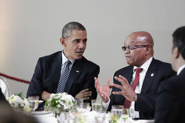 U.S. President Barack Obama talking with President Jacob Zuma of South Africa during lunch hosted