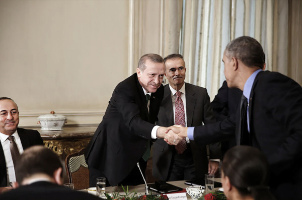 U.S. President Barack Obama shaking hands with President Recep Tayyip Erdogan of Turkey during