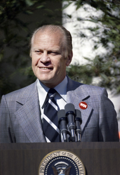 U.S. President Gerald R. Ford wearing a WIN (Whip Inflation Now) button at his second press