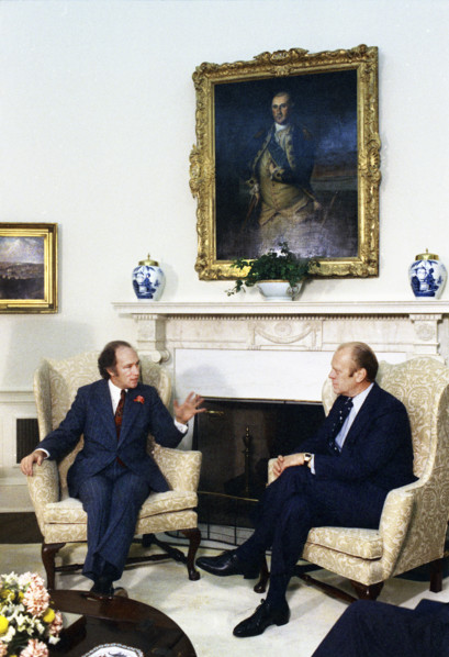 U.S. President Gerald R. Ford meeting with Prime Minister Pierre Trudeau of Canada in White House