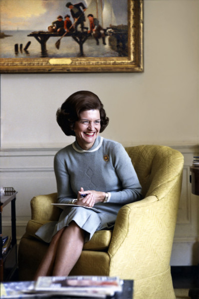 U.S. First Lady Betty Ford, seated portrait in White House West Sitting Hall, Washington, D.C.,