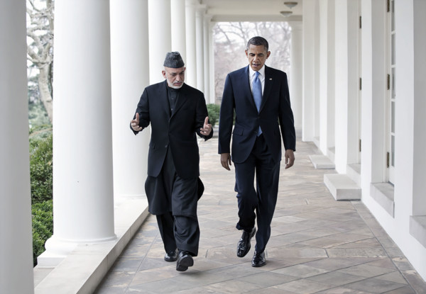 U.S. President Barack Obama and President Hamid Karzai of Afghanistan walking along White House