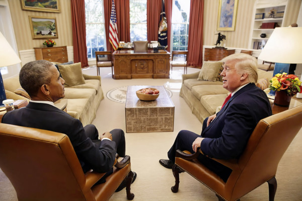 U.S. President Barack Obama meeting with U.S. President-elect Donald Trump in the White House Oval
