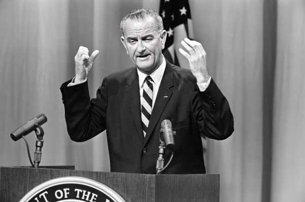 U.S. Vice President Lyndon B. Johnson speaking during press conference at U.S. State Department
