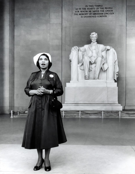 American singer Marian Anderson in front of Lincoln Memorial during memorial service held in honor