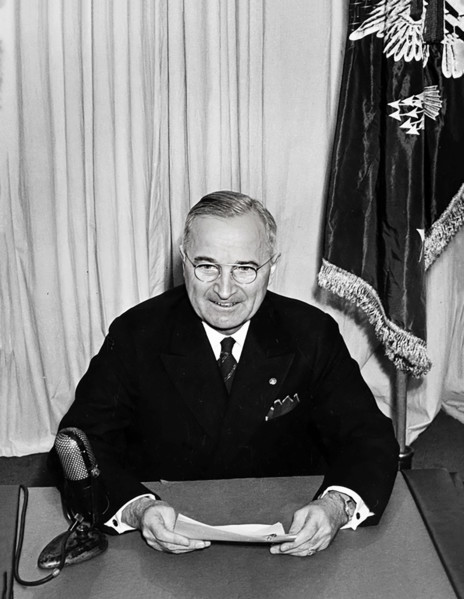 U.S. President Harry S. Truman giving radio address announcing victory in Europe over the Germans,