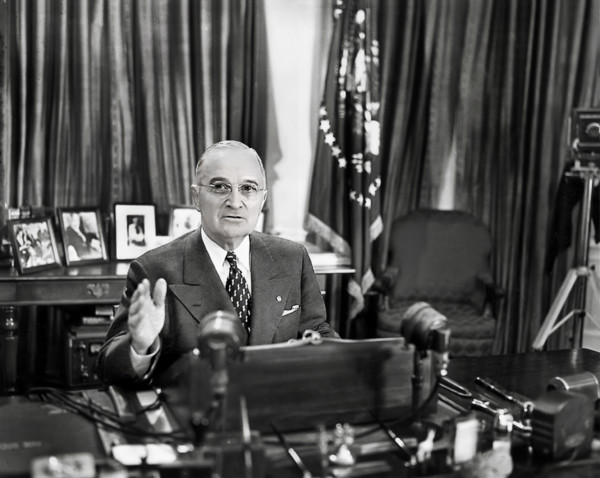 U.S. President Harry S. Truman delivering radio and television address on issue of international