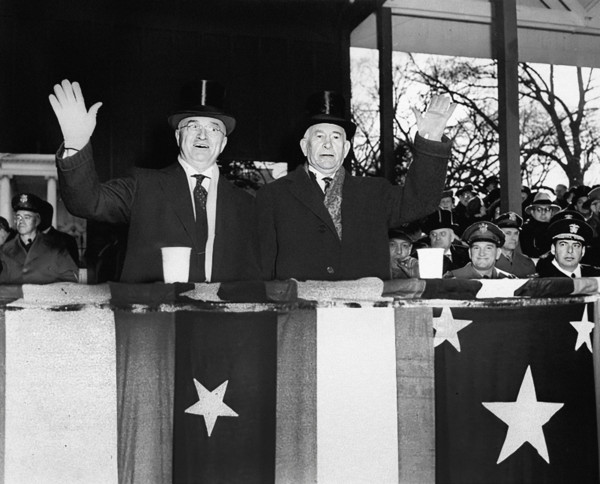 U.S. President Harry S. Truman (left) and U.S. Vice-President Alben Barkley (right) waving from