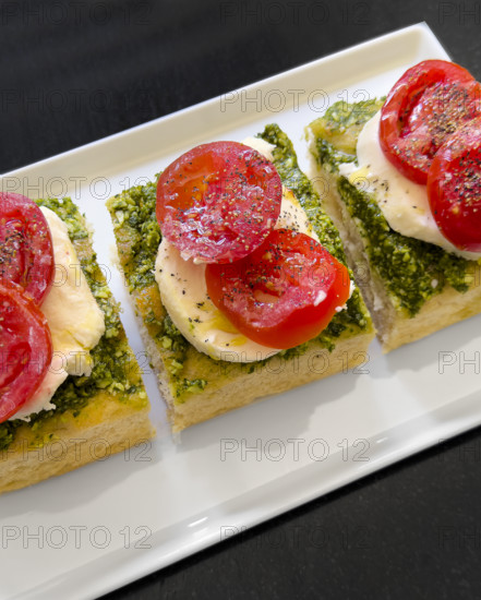 Tomato, mozzarella, basil and pesto and toasted bread on white plate