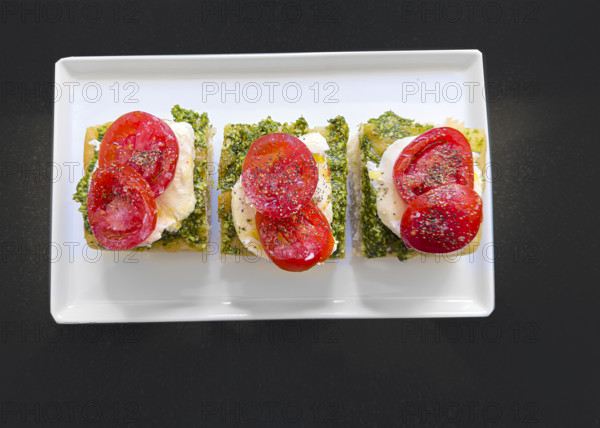 Tomato, mozzarella, basil and pesto and toasted bread on white plate