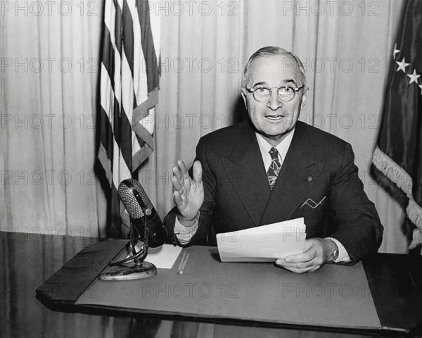 U.S. President Harry S. Truman delivering radio speech to the nation concerning the reconversion
