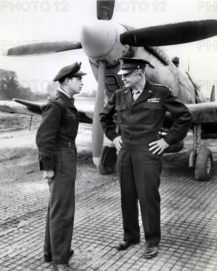 U.S. General Dwight D. Eisenhower talking to flight officer A. K. Asbos, Brisbane, Australia, in