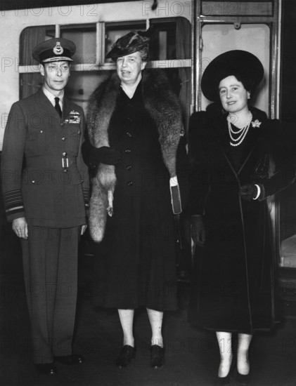 U.S. First Lady Eleanor Roosevelt being greeted by King George VI and Queen Elizabeth upon her