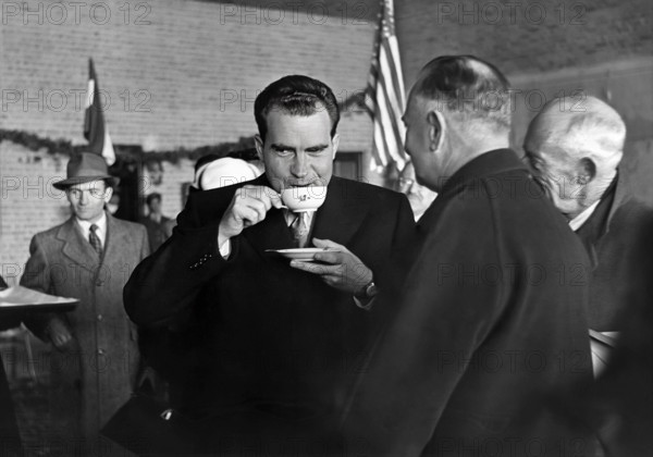 U.S. Vice President Richard Nixon sipping beverage during visit, Tehran, Iran, Richard Nixon