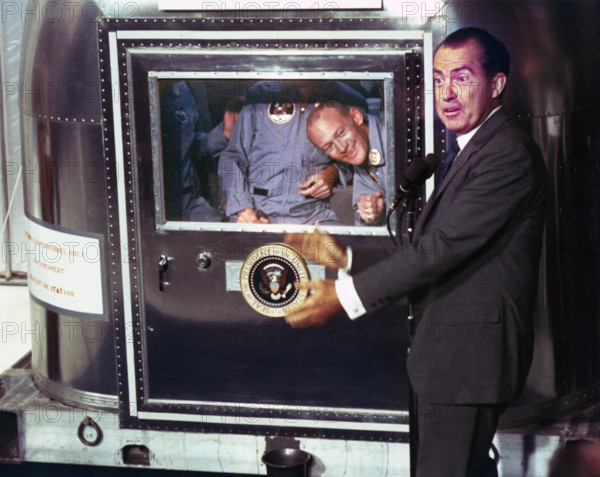 U.S. President Richard Nixon greeting Apollo 11 astronauts Neil A. Armstrong, Edwin E. Aldrin and