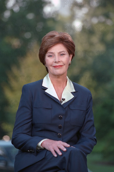 U.S. First Lady Laura Bush participating in interviews with national morning news programs, White