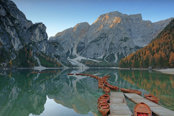The Pragser Wildsee with boats, Italy