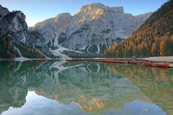 The Pragser Wildsee with boats, Italy
