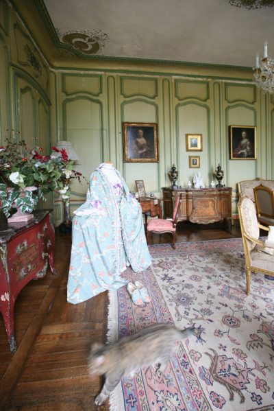 France, Normandie, Seine Maritime, pays de Caux maritime, ermenouville, chateau de Mesnil geoffroy, salon, robe du 18e siecle et chat qui passe, costume historisque destinee a des soiree d'epoque,