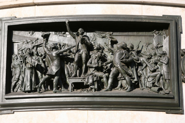 France, Paris 11e, place de la republique, bas reliefs de la base de la statue, histoire, sculpteur de la statue davioud,