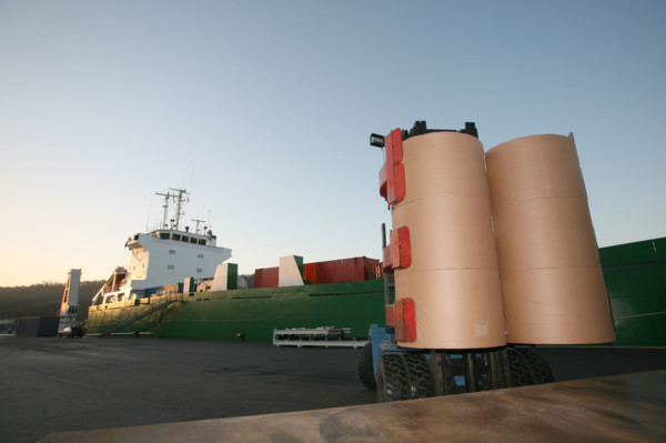 France: Normandie, Seine Maritime, vallee de la Seine, grand port de mer de Rouen, terminal forestier westerlund, dechargement du navire papetier Midas, docker, rouleaux de papier destine a la presse,...