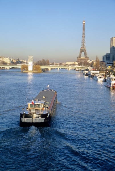 France, paris 16e, la seine, peniche au niveau du pont de grenelle, statue de la liberte en travaux,