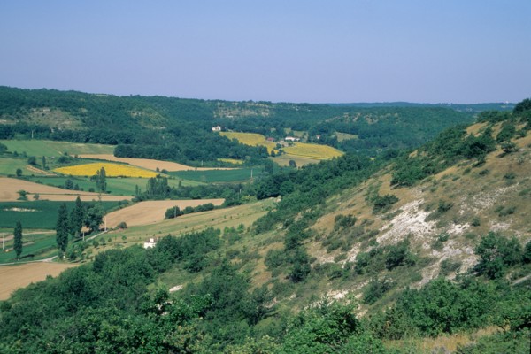 France, midi pyrenees, lot, quercy blanc, montcuq, panorama, paysage, village, le petit rapporteur, jacques martin, champs, agriculture, falaise, calcaire,