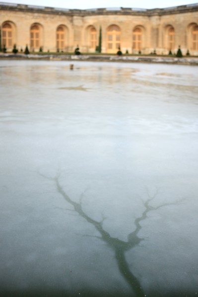 France, Ile de France, Yvelines, Versailles, chateau de Versailles, parc du chateau, jardin, hiver, froid, bassin de l'orangerie, eau gelee, givre, glace,
