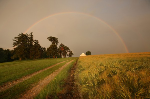 France, region centre, pesselieres, arc en ciel, orage, meteo, rainbow, pluie, climat, arche, agriculture, champ, panneau, passage prive, chemin,