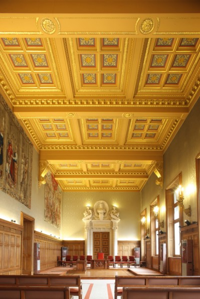 France, ile de france, paris 1er arrondissement, 13 rue cambon, palais cambon, cour des comptes, institution, etat, batiment grand chambre, detail plafond a caissons, 
Date : 2011-2012