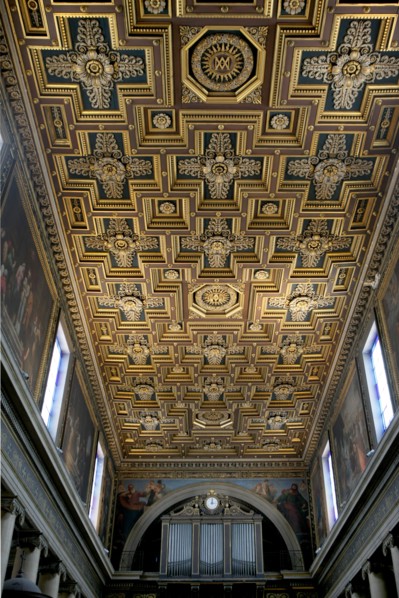 France, ile de france, paris 9e arrondissement, rue de chateaudun, eglise notre dame de lorette, decor interieur, peintures, plafond a caissons de la nef

Date : 2011-2012