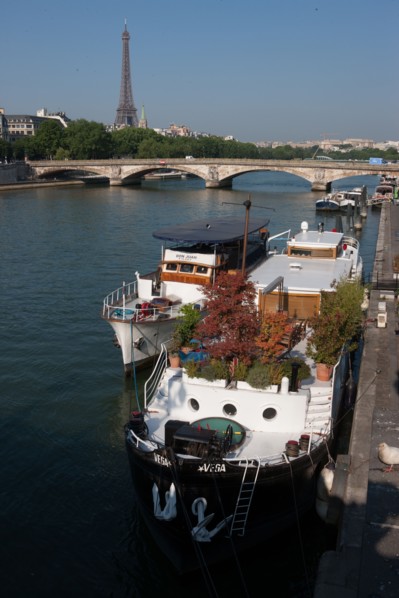 France, Region Ile de France, Paris 8e arrondissement, Pont Alexandre III, vue sur la Tour Eiffel, peniches amarrees sur la Seine, quais