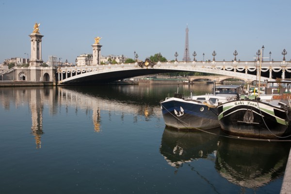 France, Region Ile de France, Paris 7e arrondissement, quai des Tuileries, la Seine et la Tour Eiffel, Pont Alexandre III,