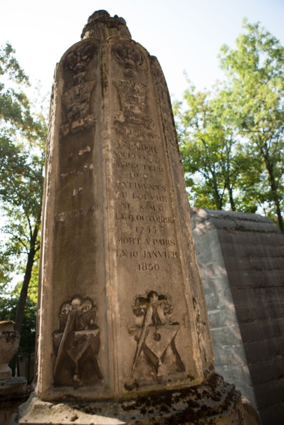 France, Region Ile de France, Paris 20e arrondissement, cimetiere du Pere Lachaise, 28e division, sepulture des architectes Bernier, Percier et Fontaine, stele avec des symboles maconniques dessines p...