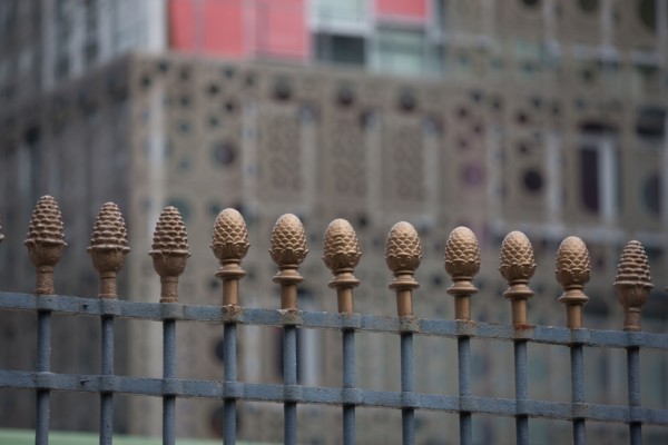 France, Ile de France, Paris 5e arrondissement, quai Saint-Bernard, detail de la grille de l'ancienne halle aux vins, pomme de pin, symbole des marchands de vin,