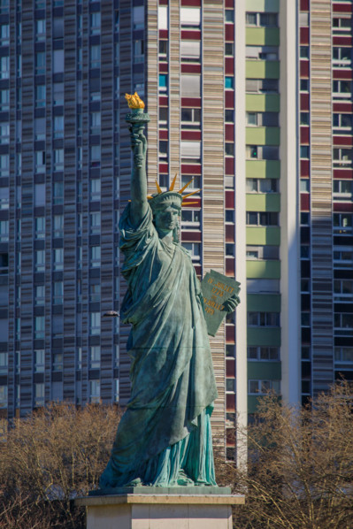 Paris, Statue of Liberty in front of the towers of the Beaugrenelle district