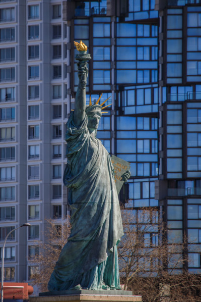 Paris, Statue of Liberty in front of the towers of the Beaugrenelle district