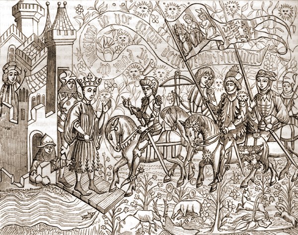 Engraving, Joan of Arc welcomed by Charles VII, King of France