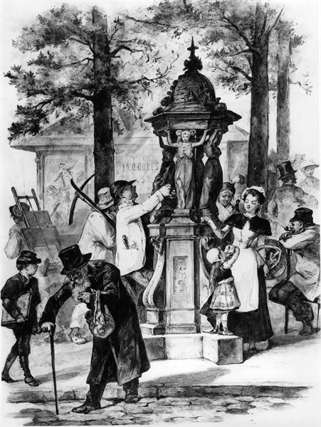 Paris in XIXe century Scene of street Wallace Fountain -
