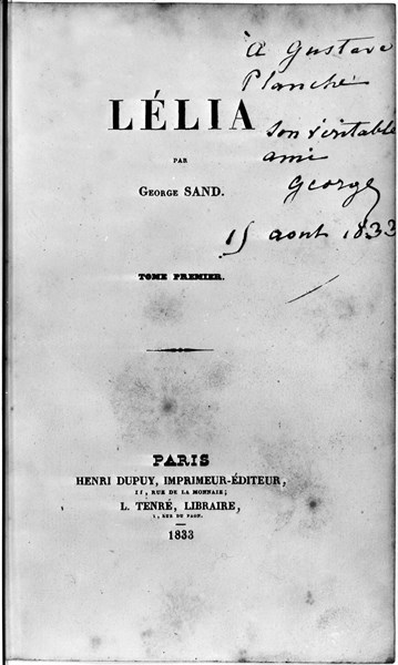 Couverture de " Lélia ", de George Sand - 1833 -