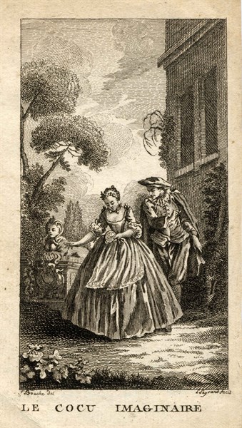 Engraving of XVIIIe century.  Scene of the Imaginary Cuckold of Molière.