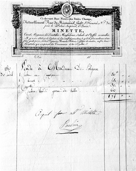 First Empire.  Invoice concerning the duchess of Polignac.