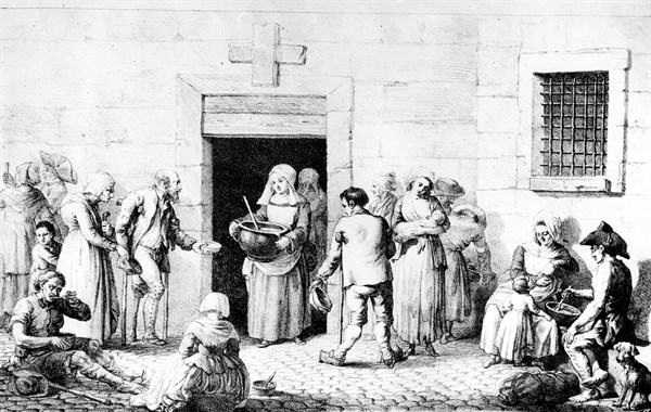The chocolate éclairs distribute soup to the poor.