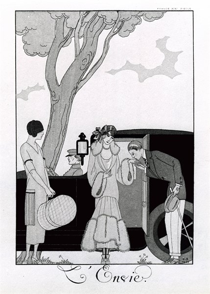"L'Envie". Elegant life. Young woman getting out of car.