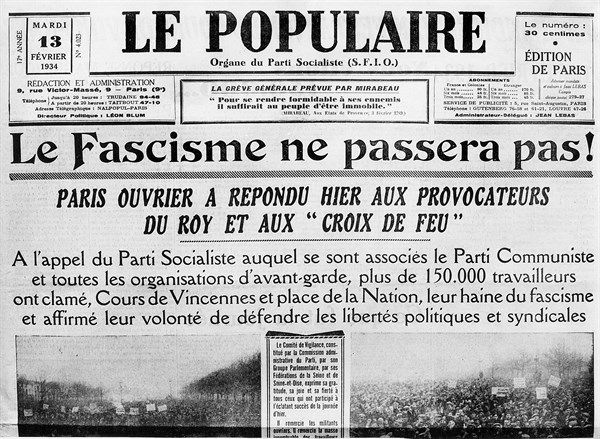 13 février 1934. Manchette de " Le Populaire ". Le fascisme ne passera pas.